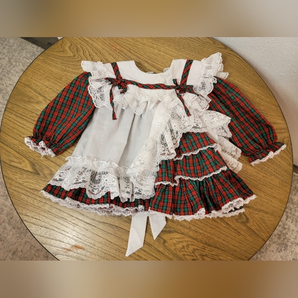 VTG Mini World Girl's Plaid Lace Circle Ruffle Pinafore Dress 3 months - Picture 2 of 7